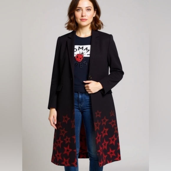 Tommy Hilfiger Norma Jacquard Blue Red Stars Wool Blend Long Coat Size 10 NWT - Picture 2 of 15